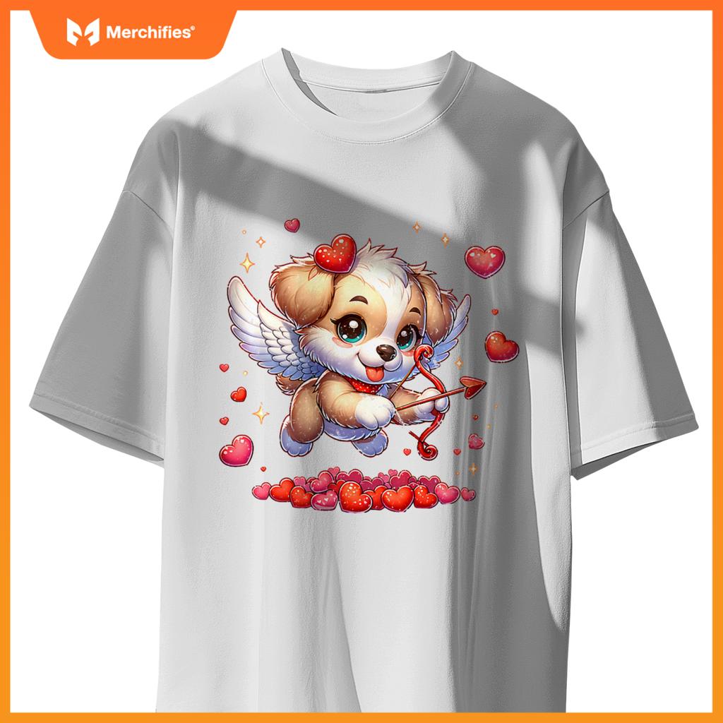 Womens Puppy Dog Cupid Valentine's Day T-Shirt