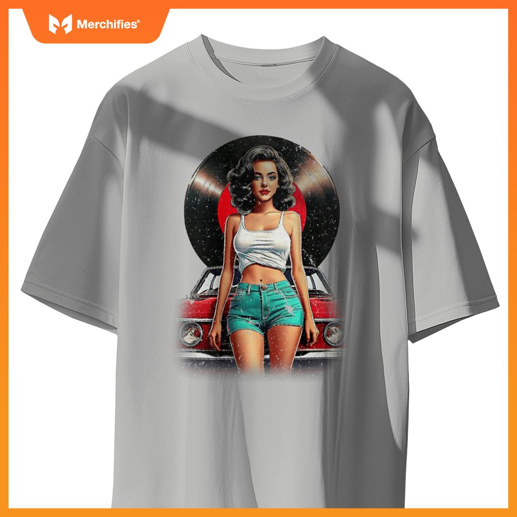 Womens Retro Pin-Up Girl Vinyl Record Car Art Lovers T-Shirt