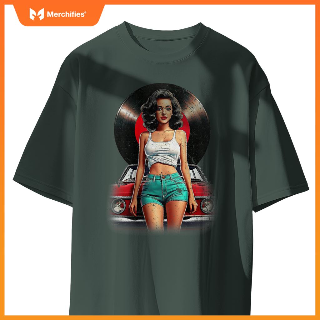 Womens Retro Pin-Up Girl Vinyl Record Car Art Lovers T-Shirt
