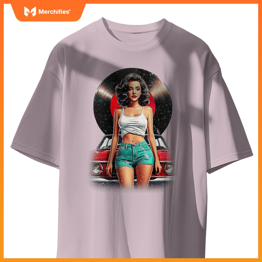 Womens Retro Pin-Up Girl Vinyl Record Car Art Lovers T-Shirt