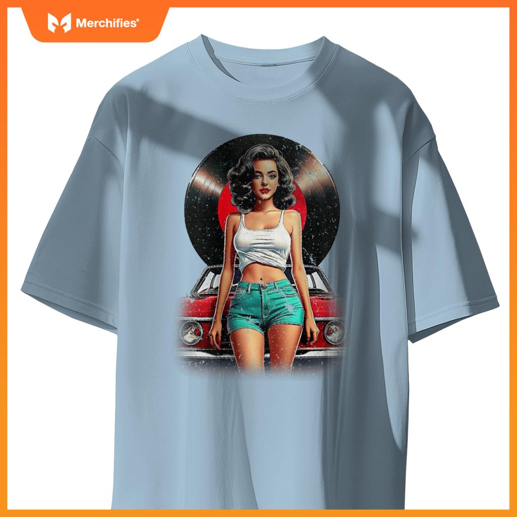 Womens Retro Pin-Up Girl Vinyl Record Car Art Lovers T-Shirt