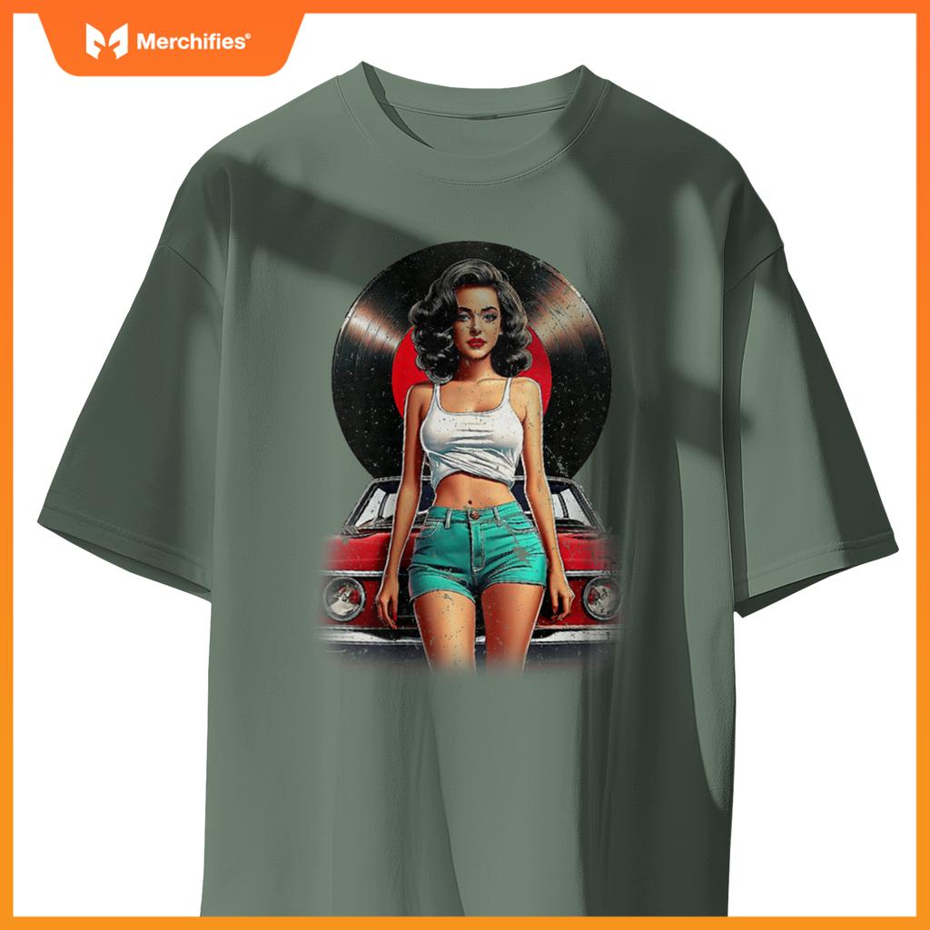 Womens Retro Pin-Up Girl Vinyl Record Car Art Lovers T-Shirt