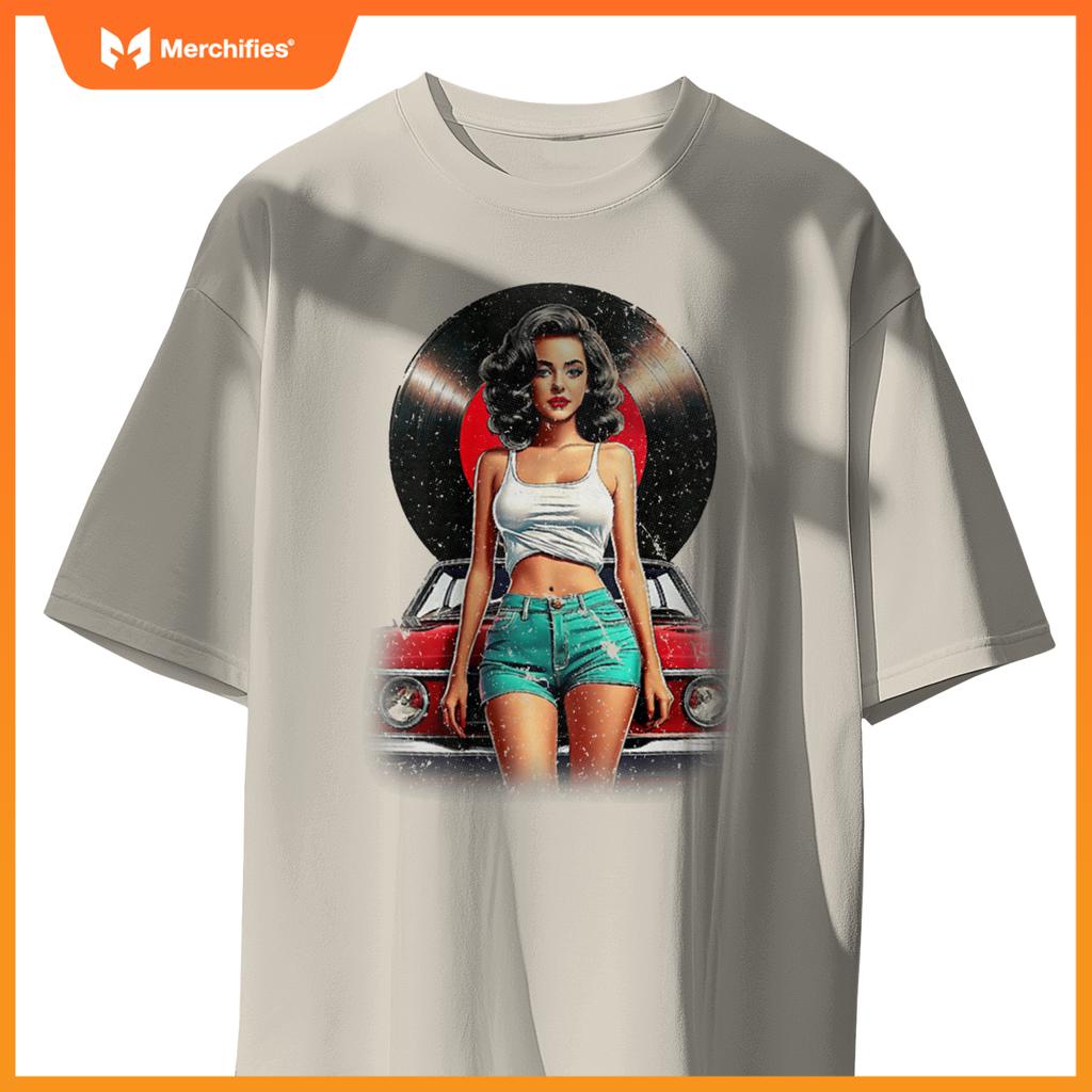 Womens Retro Pin-Up Girl Vinyl Record Car Art Lovers T-Shirt