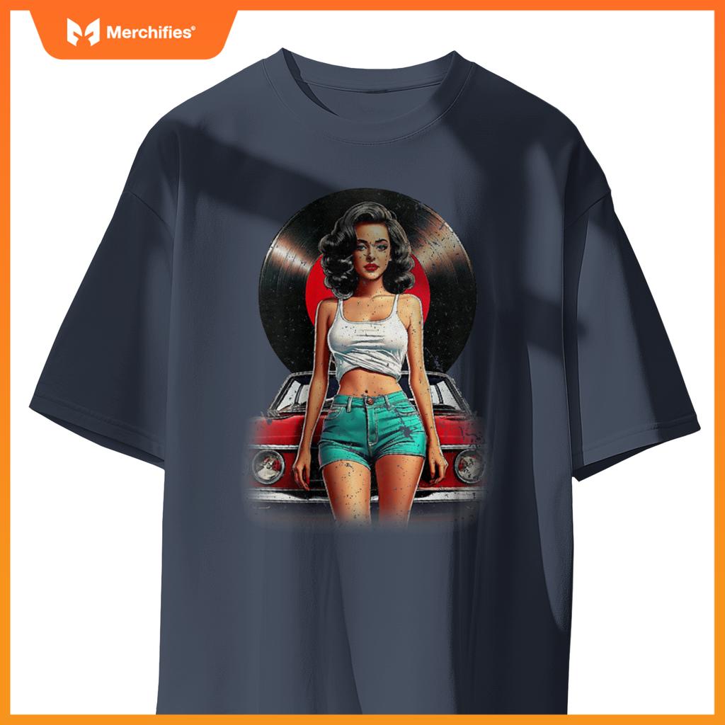 Womens Retro Pin-Up Girl Vinyl Record Car Art Lovers T-Shirt