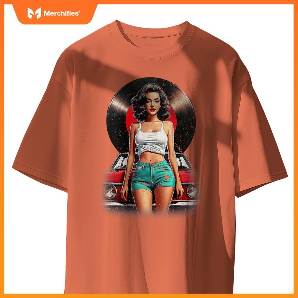Womens Retro Pin-Up Girl Vinyl Record Car Art Lovers T-Shirt