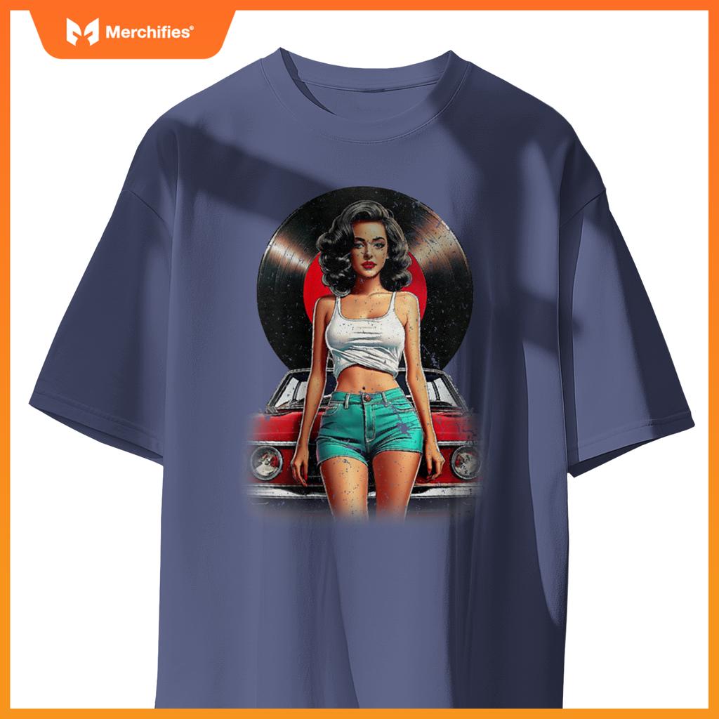 Womens Retro Pin-Up Girl Vinyl Record Car Art Lovers T-Shirt