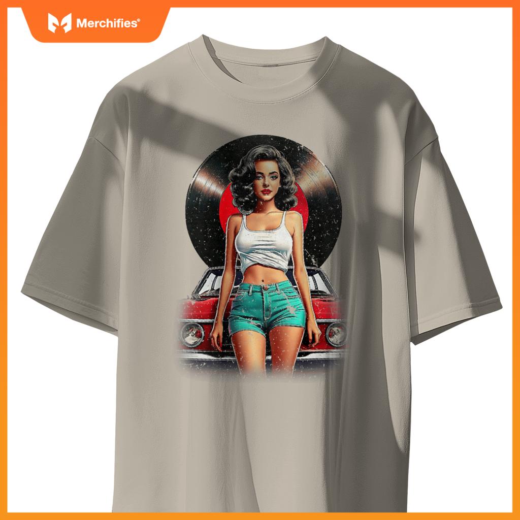 Womens Retro Pin-Up Girl Vinyl Record Car Art Lovers T-Shirt