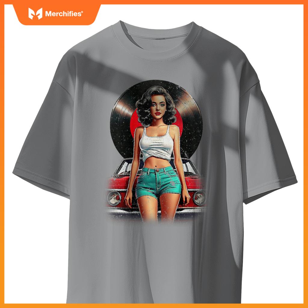Womens Retro Pin-Up Girl Vinyl Record Car Art Lovers T-Shirt