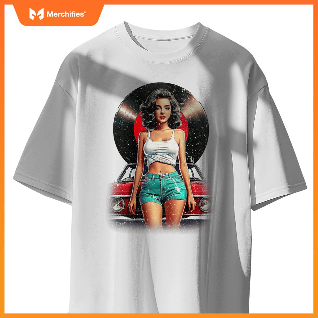 Womens Retro Pin-Up Girl Vinyl Record Car Art Lovers T-Shirt