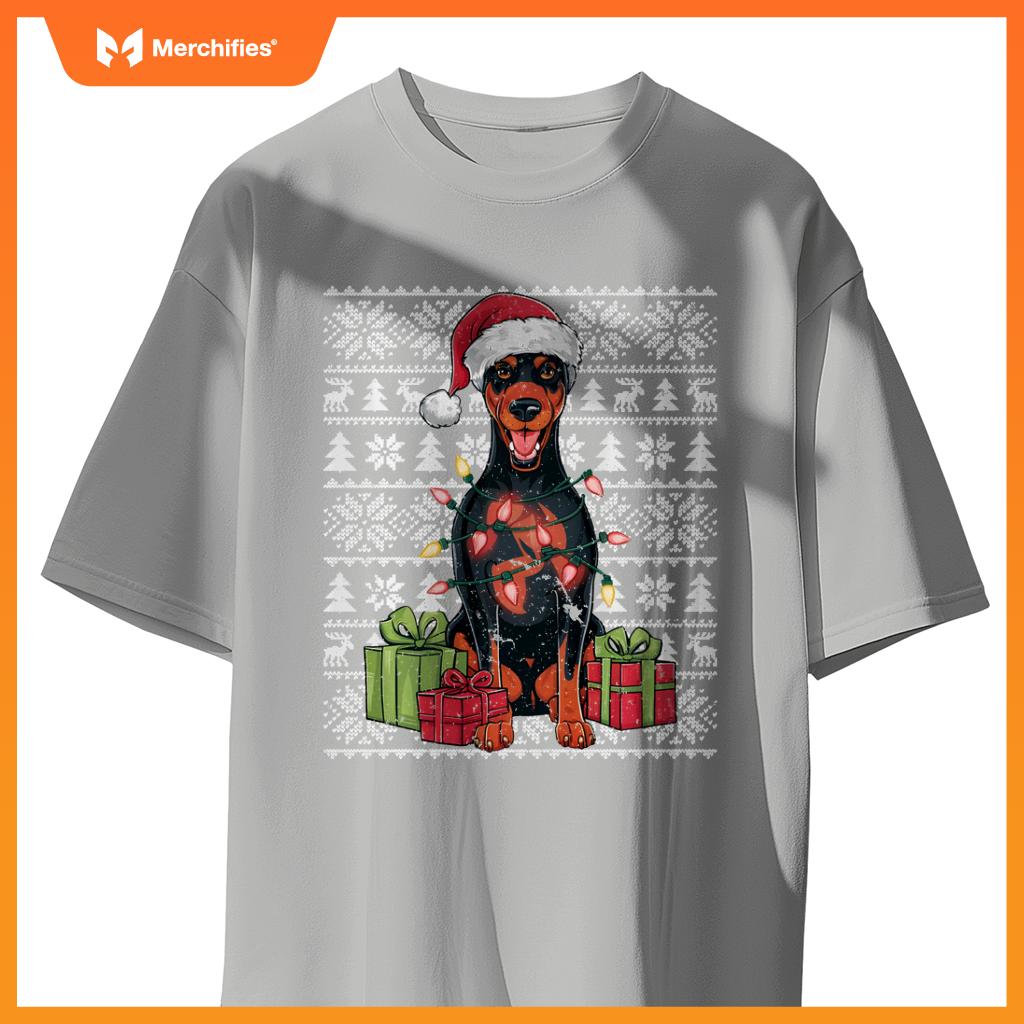 Womens Xmas Lights Santa Doberman Pinscher Dog Christmas Tree T-Shirt
