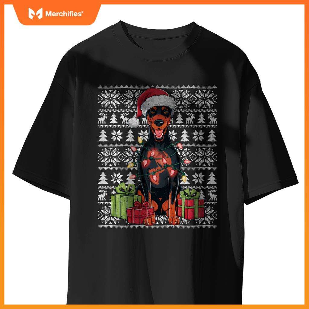 Womens Xmas Lights Santa Doberman Pinscher Dog Christmas Tree T-Shirt