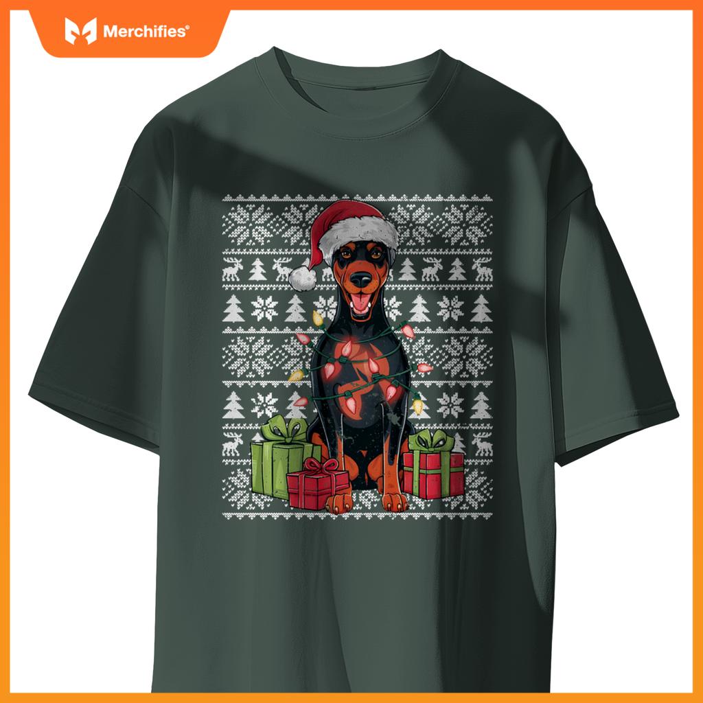 Womens Xmas Lights Santa Doberman Pinscher Dog Christmas Tree T-Shirt