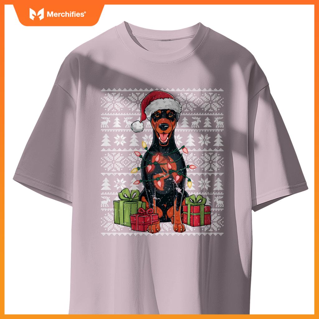 Womens Xmas Lights Santa Doberman Pinscher Dog Christmas Tree T-Shirt