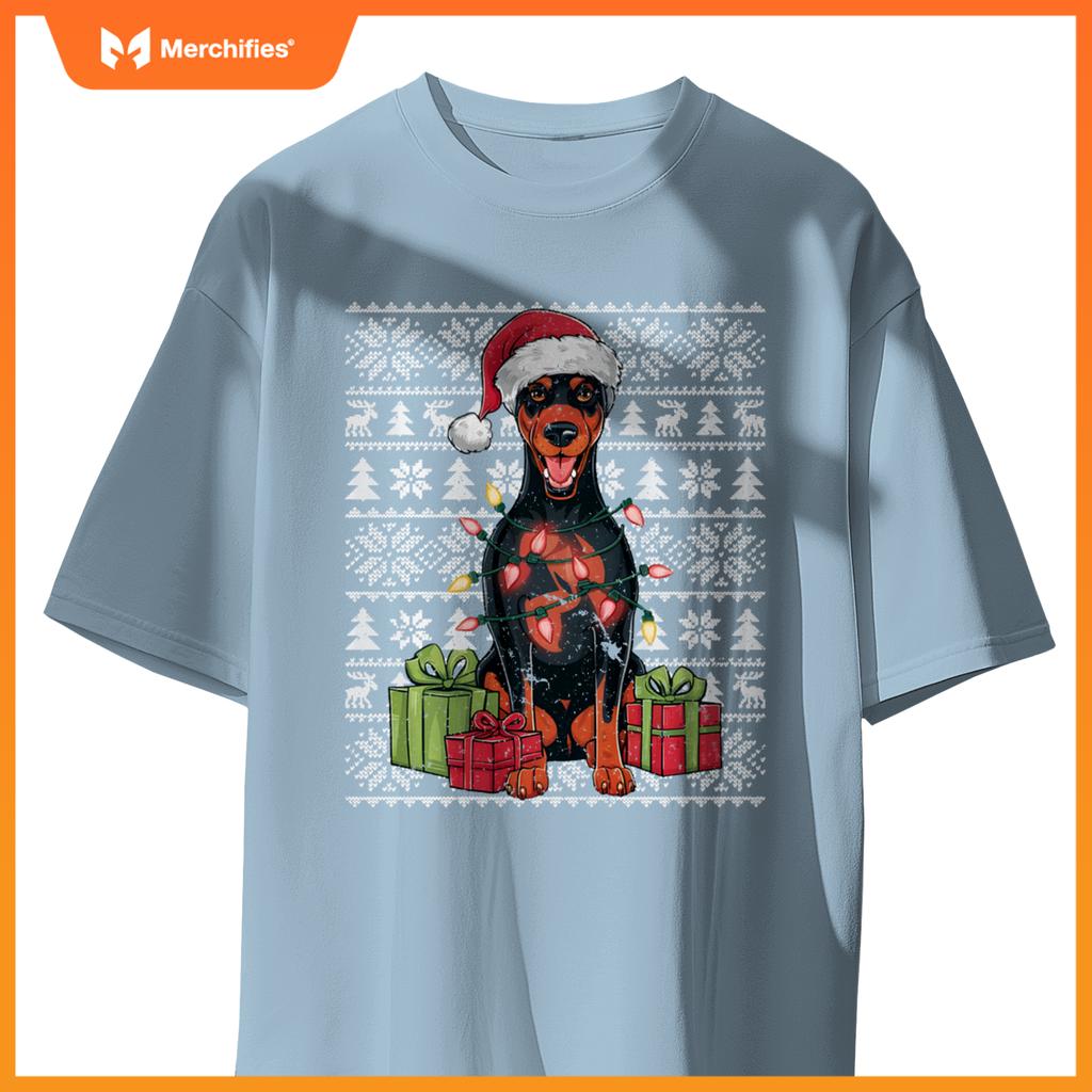 Womens Xmas Lights Santa Doberman Pinscher Dog Christmas Tree T-Shirt