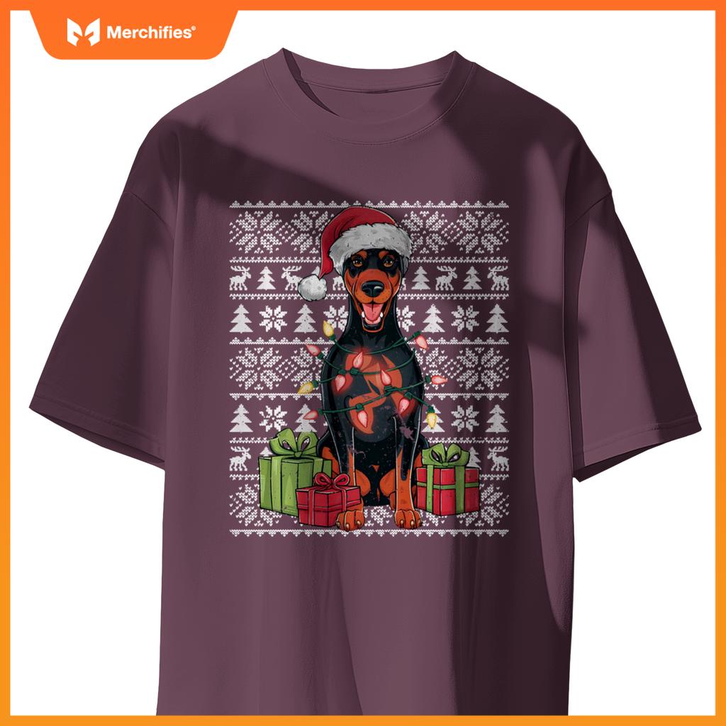Womens Xmas Lights Santa Doberman Pinscher Dog Christmas Tree T-Shirt