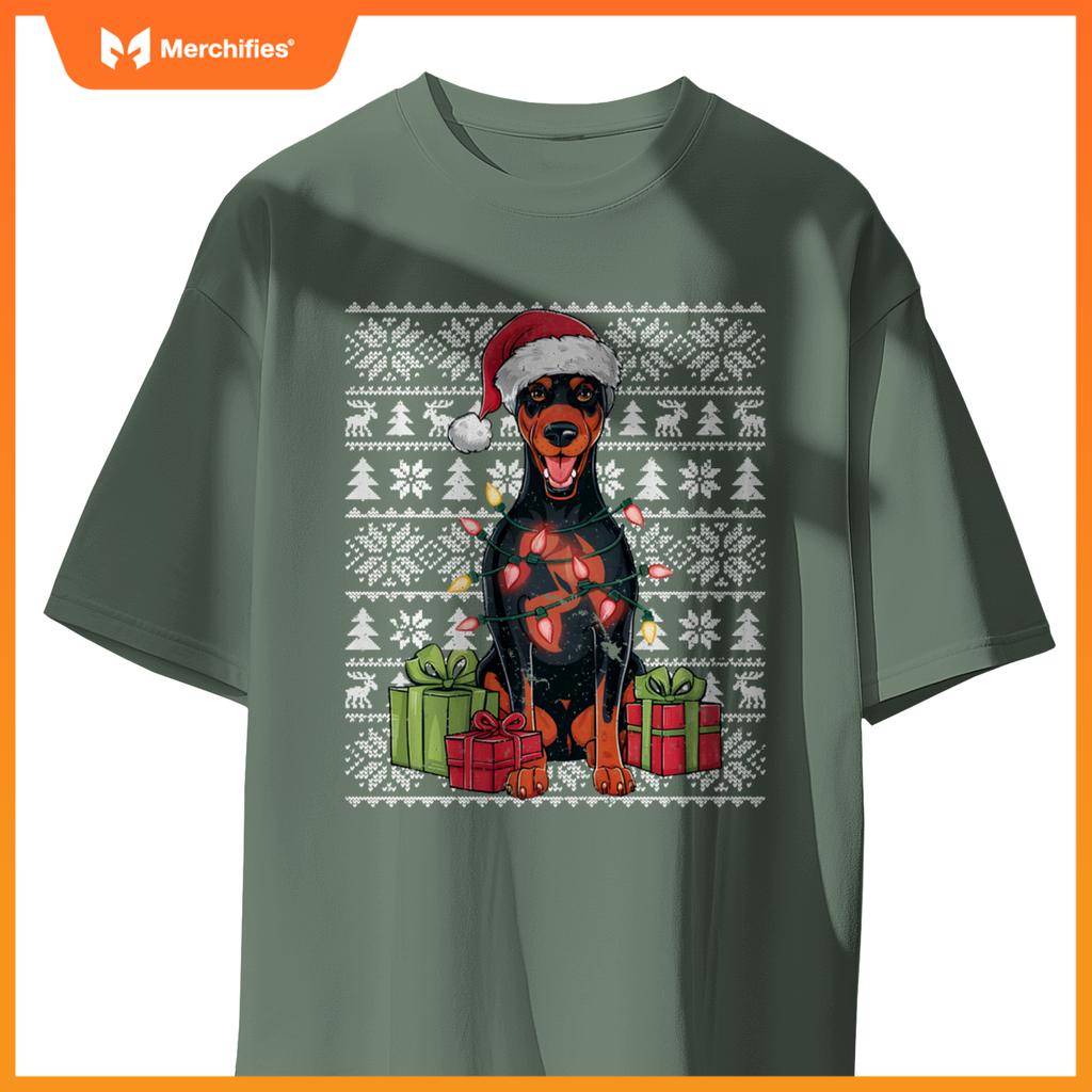 Womens Xmas Lights Santa Doberman Pinscher Dog Christmas Tree T-Shirt
