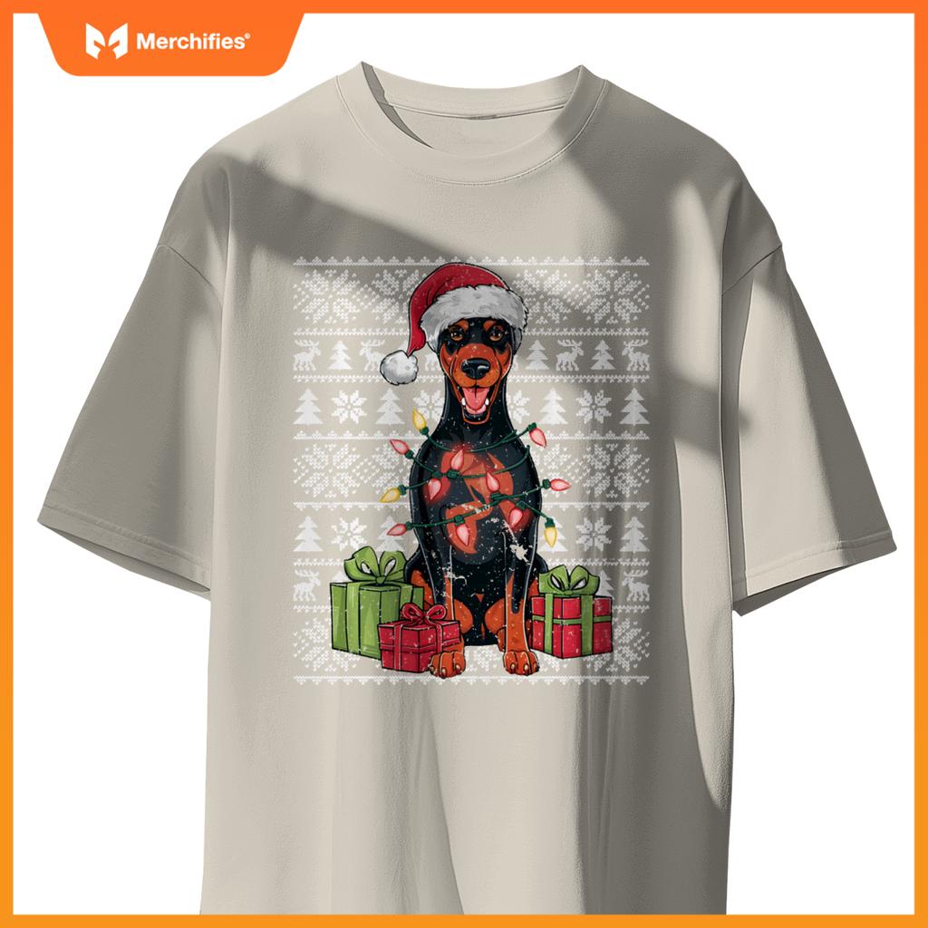 Womens Xmas Lights Santa Doberman Pinscher Dog Christmas Tree T-Shirt