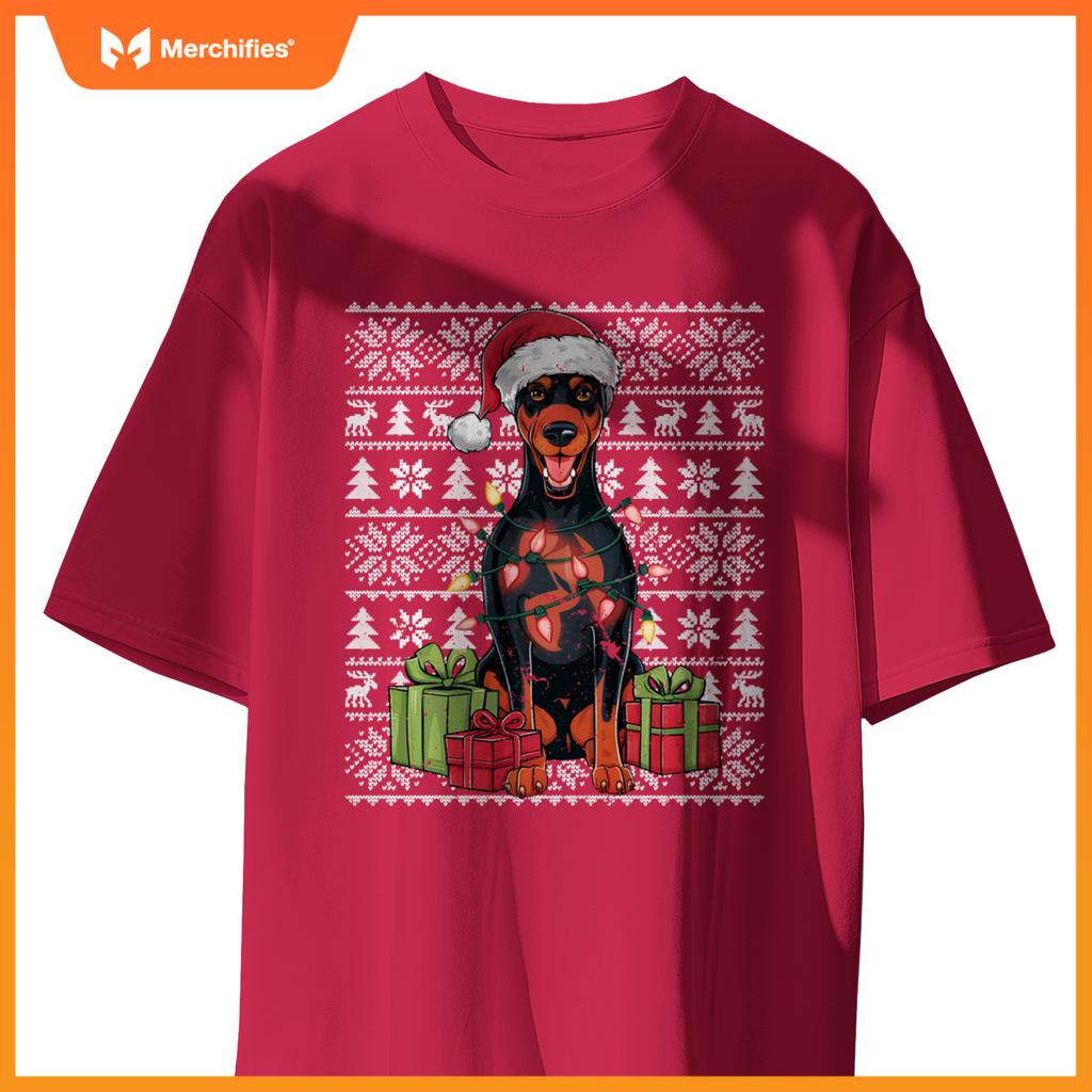 Womens Xmas Lights Santa Doberman Pinscher Dog Christmas Tree T-Shirt