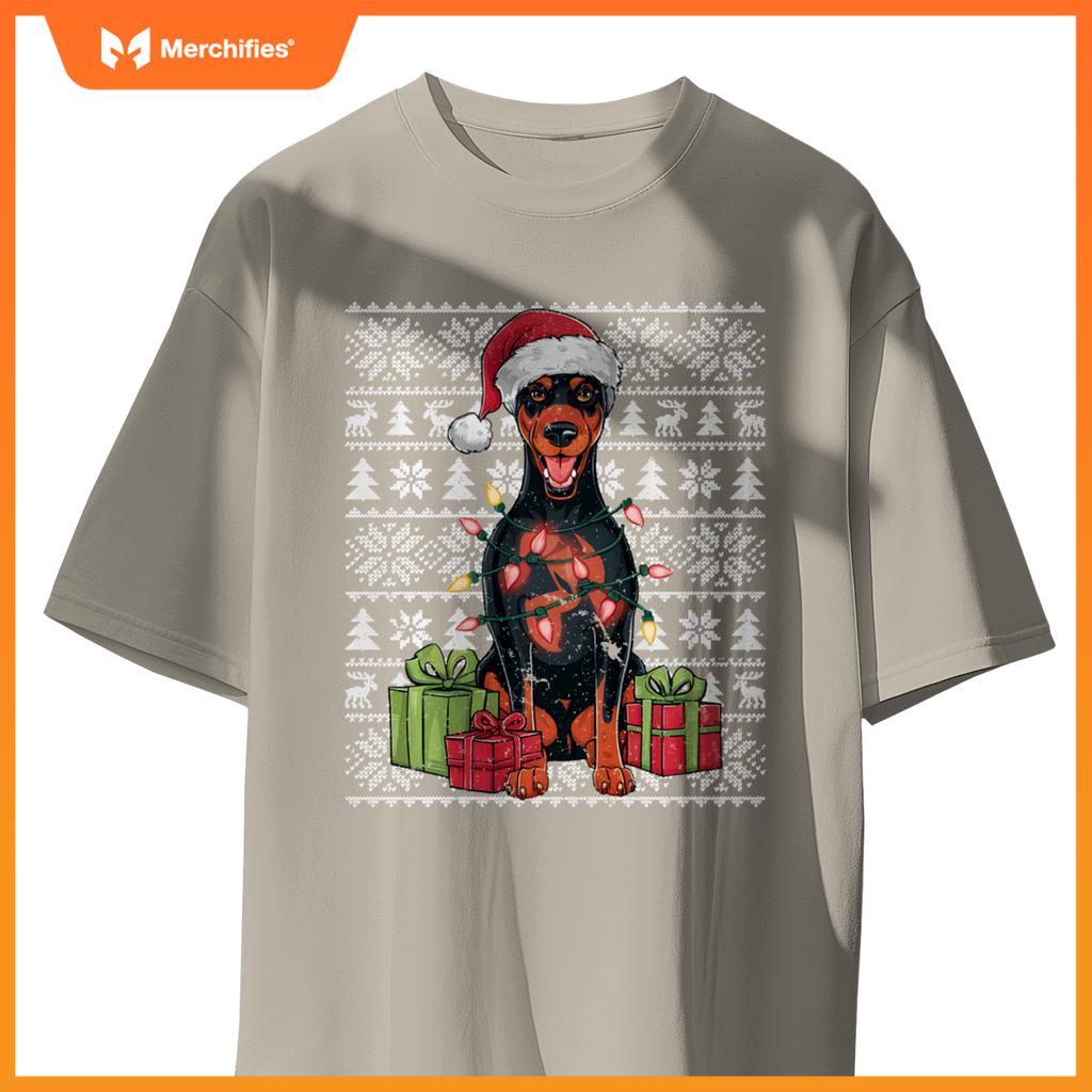 Womens Xmas Lights Santa Doberman Pinscher Dog Christmas Tree T-Shirt