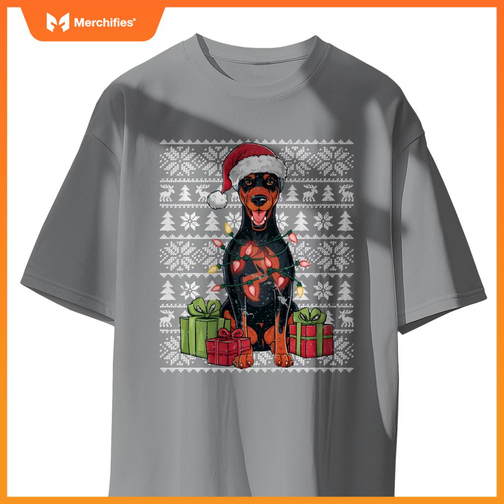 Womens Xmas Lights Santa Doberman Pinscher Dog Christmas Tree T-Shirt