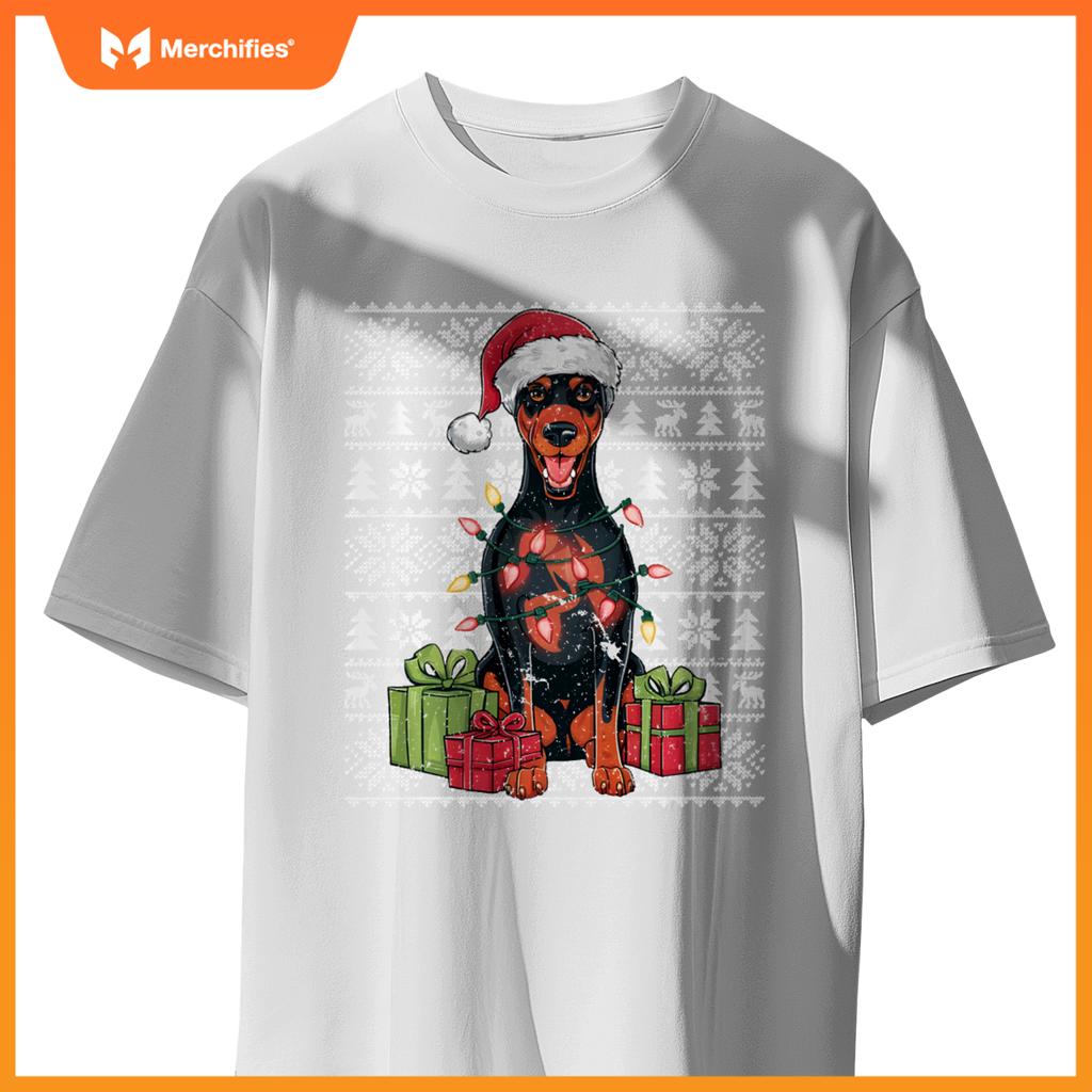 Womens Xmas Lights Santa Doberman Pinscher Dog Christmas Tree T-Shirt
