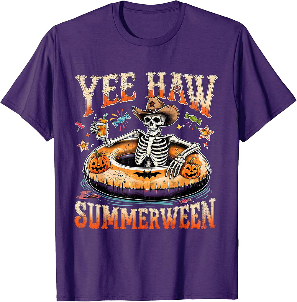 Yee Haw Summerween Cowboy Skeleton Western Halloween Tee T-Shirt