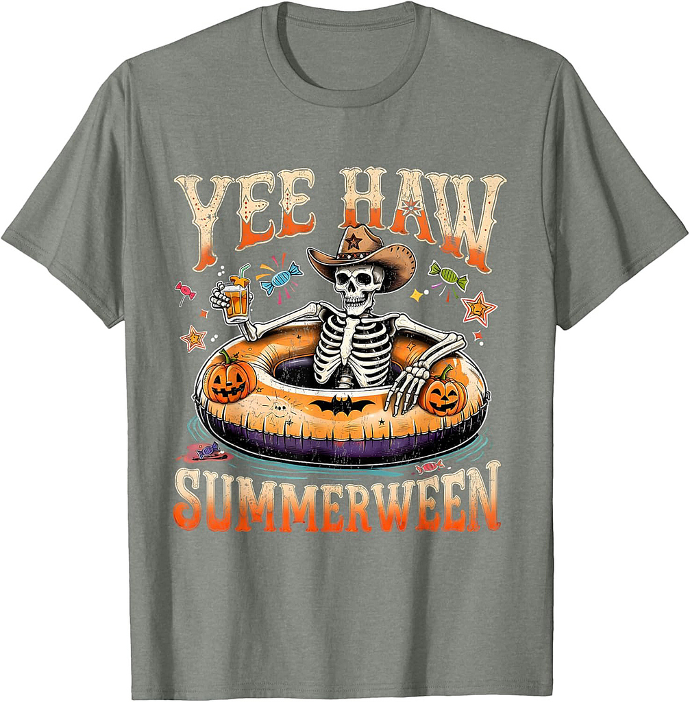 Yee Haw Summerween Cowboy Skeleton Western Halloween Tee T-Shirt