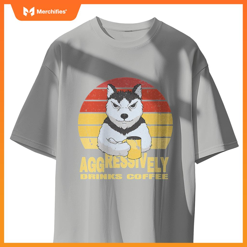 Aggressively Drinks Coffee Beverage Husky Wolf Dog T-Shirt