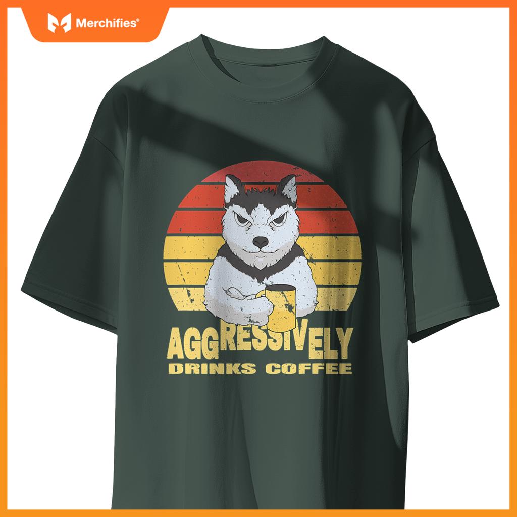 Aggressively Drinks Coffee Beverage Husky Wolf Dog T-Shirt