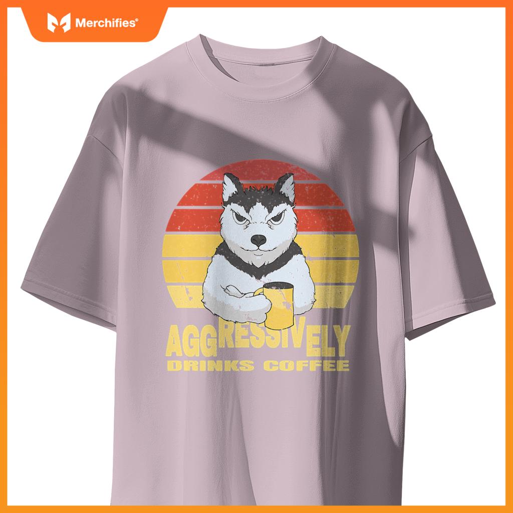 Aggressively Drinks Coffee Beverage Husky Wolf Dog T-Shirt