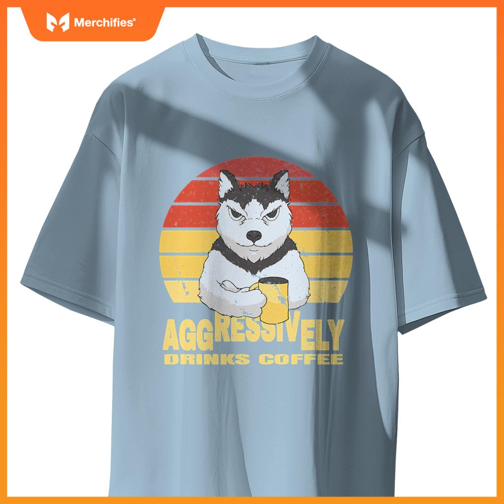 Aggressively Drinks Coffee Beverage Husky Wolf Dog T-Shirt