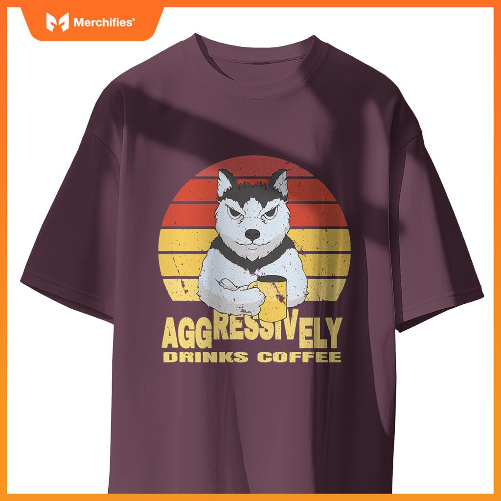 Aggressively Drinks Coffee Beverage Husky Wolf Dog T-Shirt