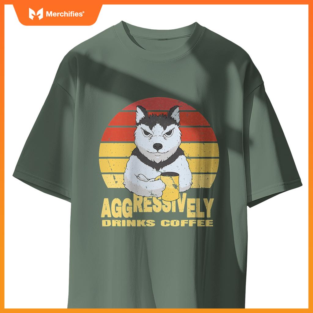 Aggressively Drinks Coffee Beverage Husky Wolf Dog T-Shirt