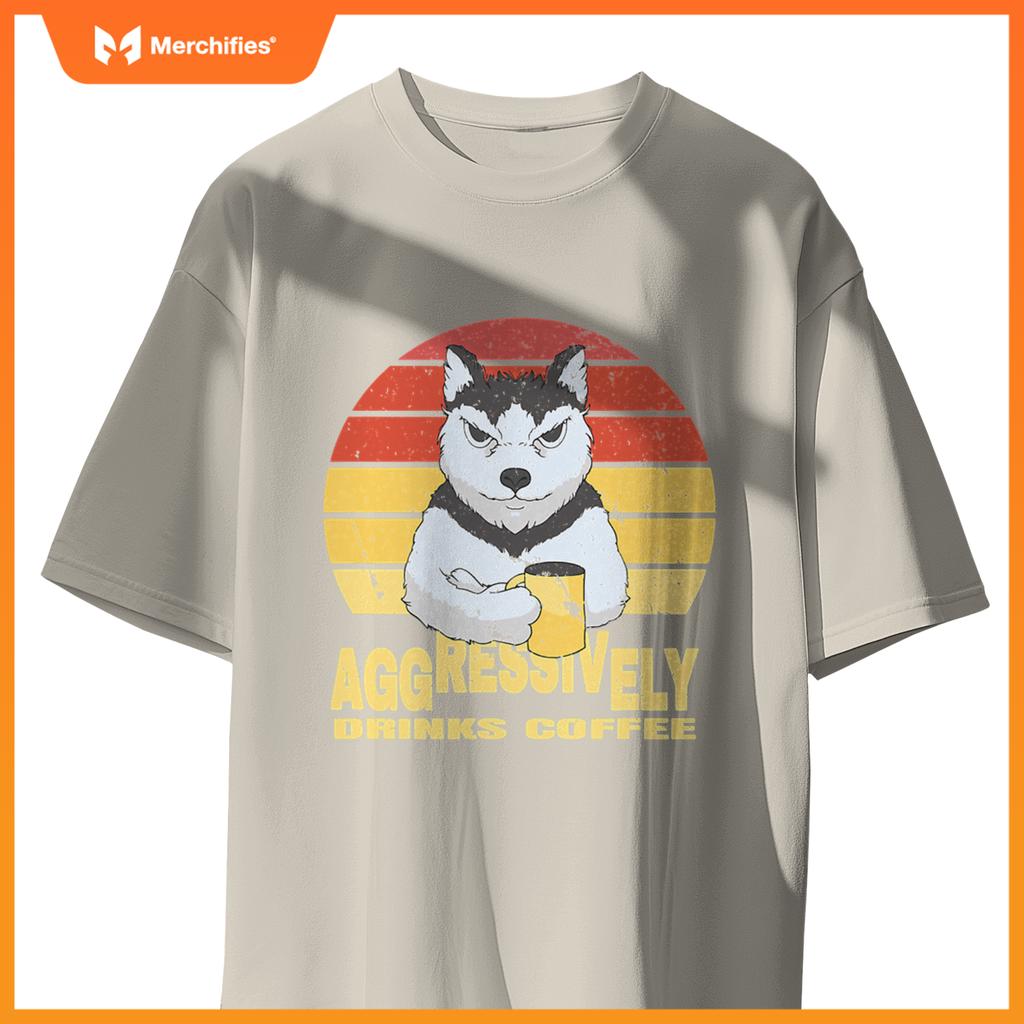 Aggressively Drinks Coffee Beverage Husky Wolf Dog T-Shirt