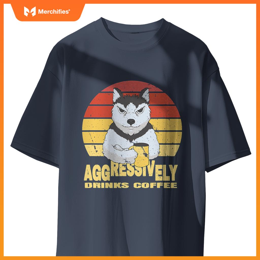 Aggressively Drinks Coffee Beverage Husky Wolf Dog T-Shirt