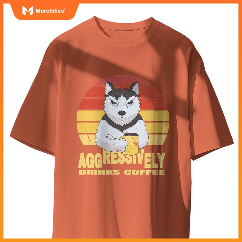 Aggressively Drinks Coffee Beverage Husky Wolf Dog T-Shirt