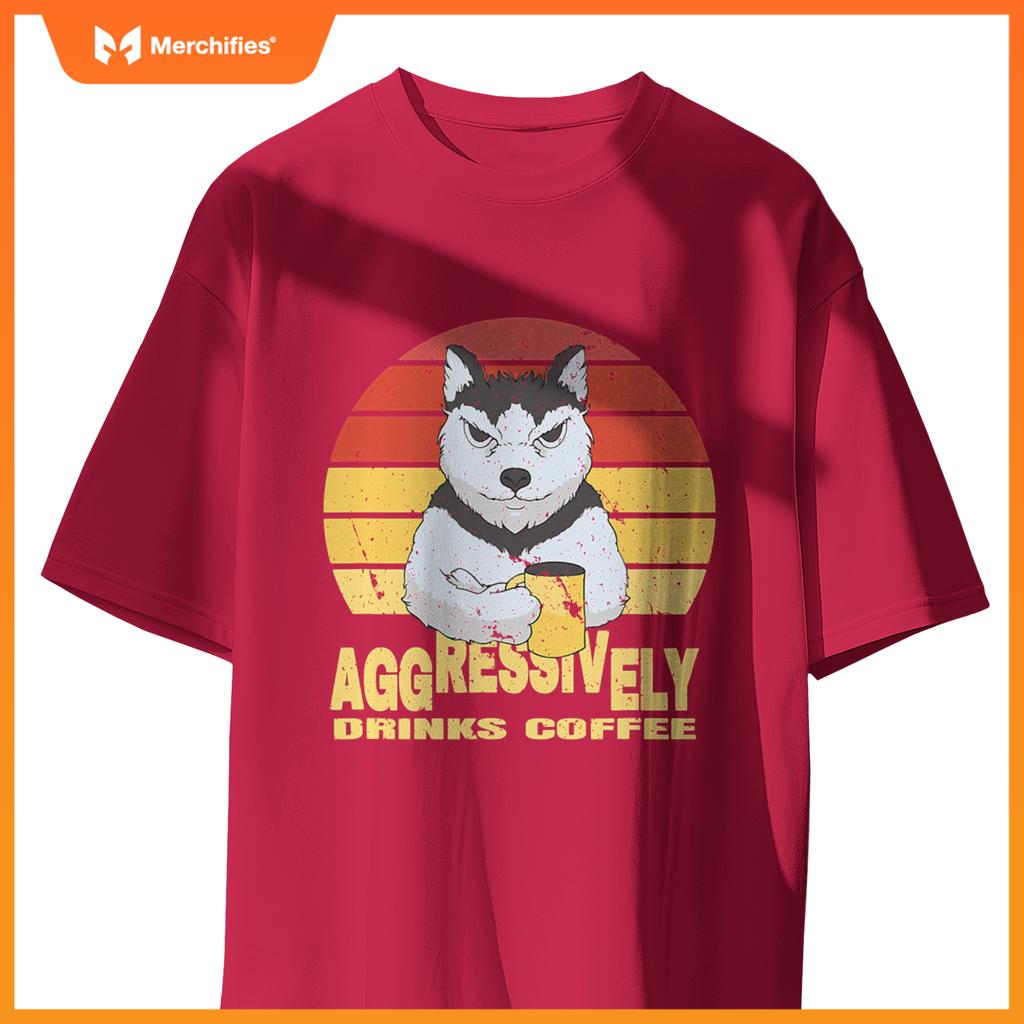 Aggressively Drinks Coffee Beverage Husky Wolf Dog T-Shirt