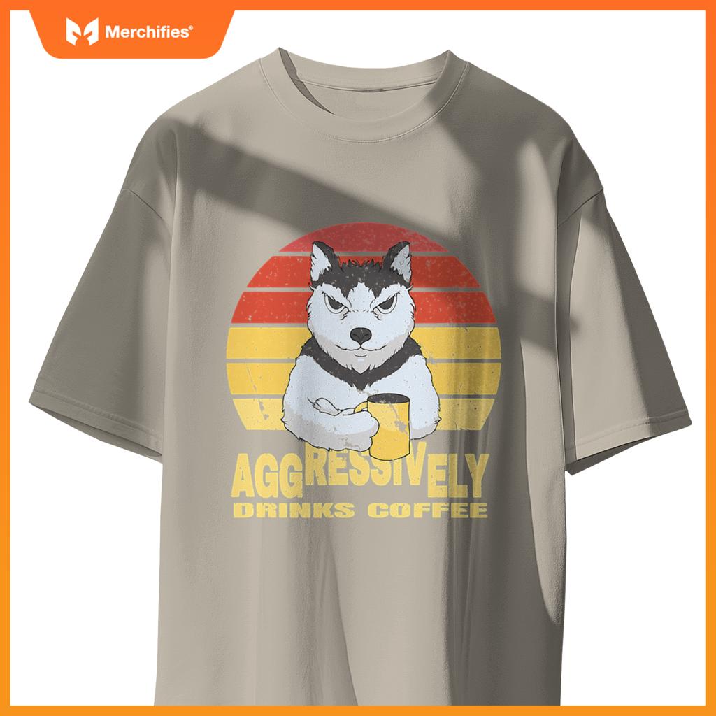Aggressively Drinks Coffee Beverage Husky Wolf Dog T-Shirt