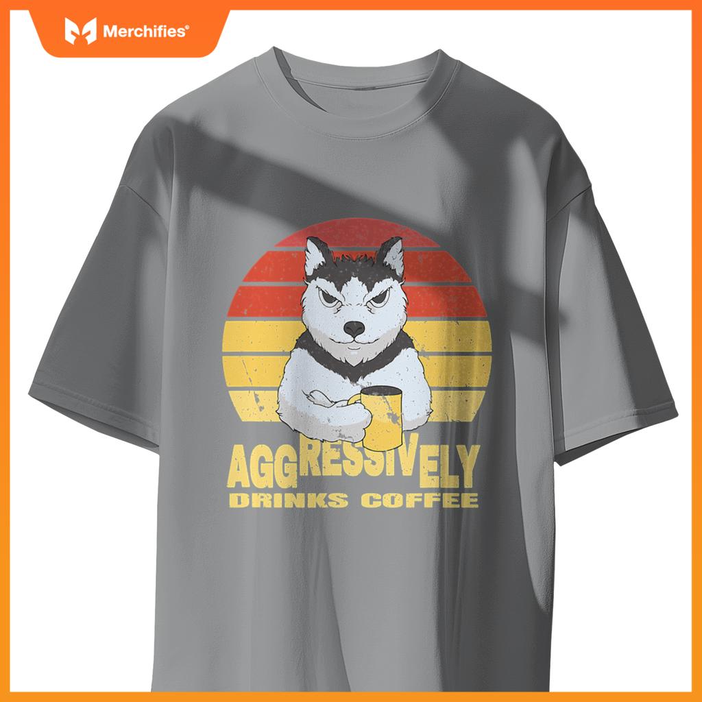Aggressively Drinks Coffee Beverage Husky Wolf Dog T-Shirt