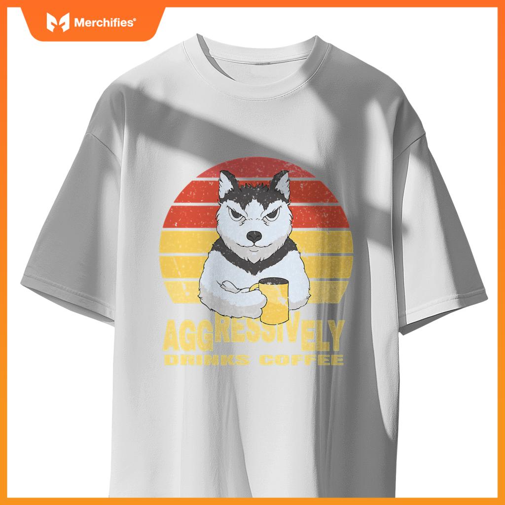 Aggressively Drinks Coffee Beverage Husky Wolf Dog T-Shirt
