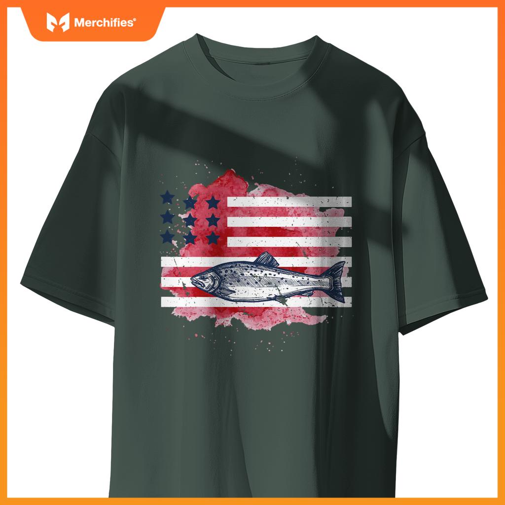 american flag fishing salmon  men patriotic fisherman T-Shirt