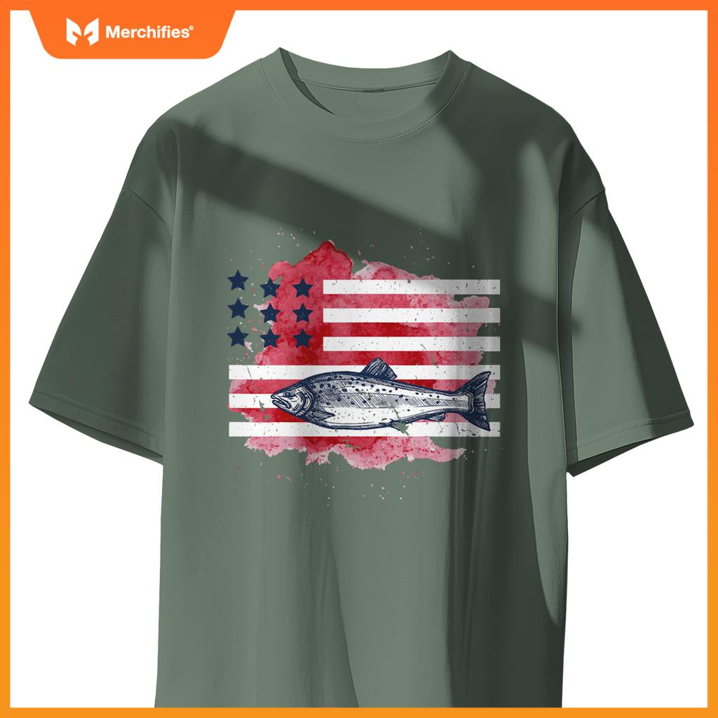 american flag fishing salmon  men patriotic fisherman T-Shirt