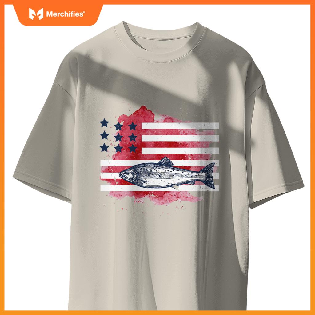 american flag fishing salmon  men patriotic fisherman T-Shirt