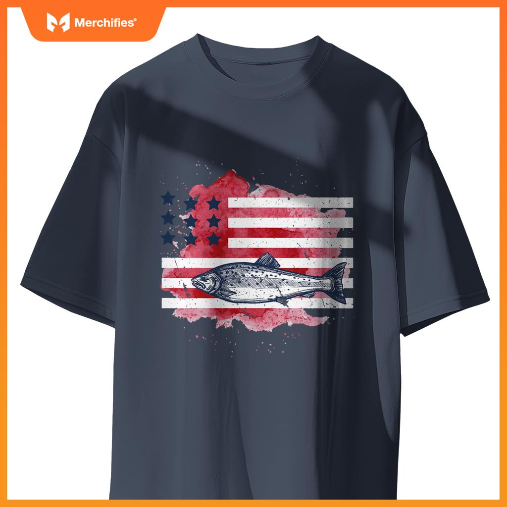 american flag fishing salmon  men patriotic fisherman T-Shirt