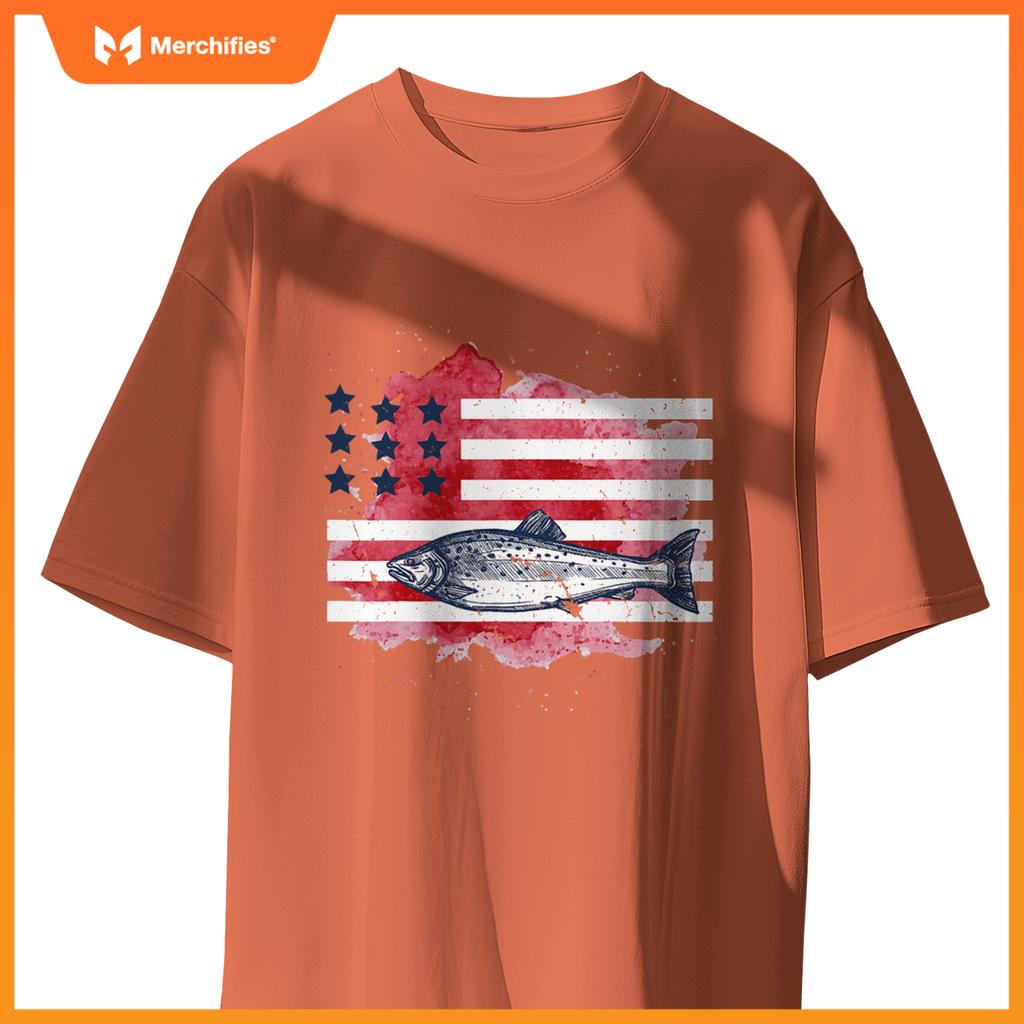 american flag fishing salmon  men patriotic fisherman T-Shirt
