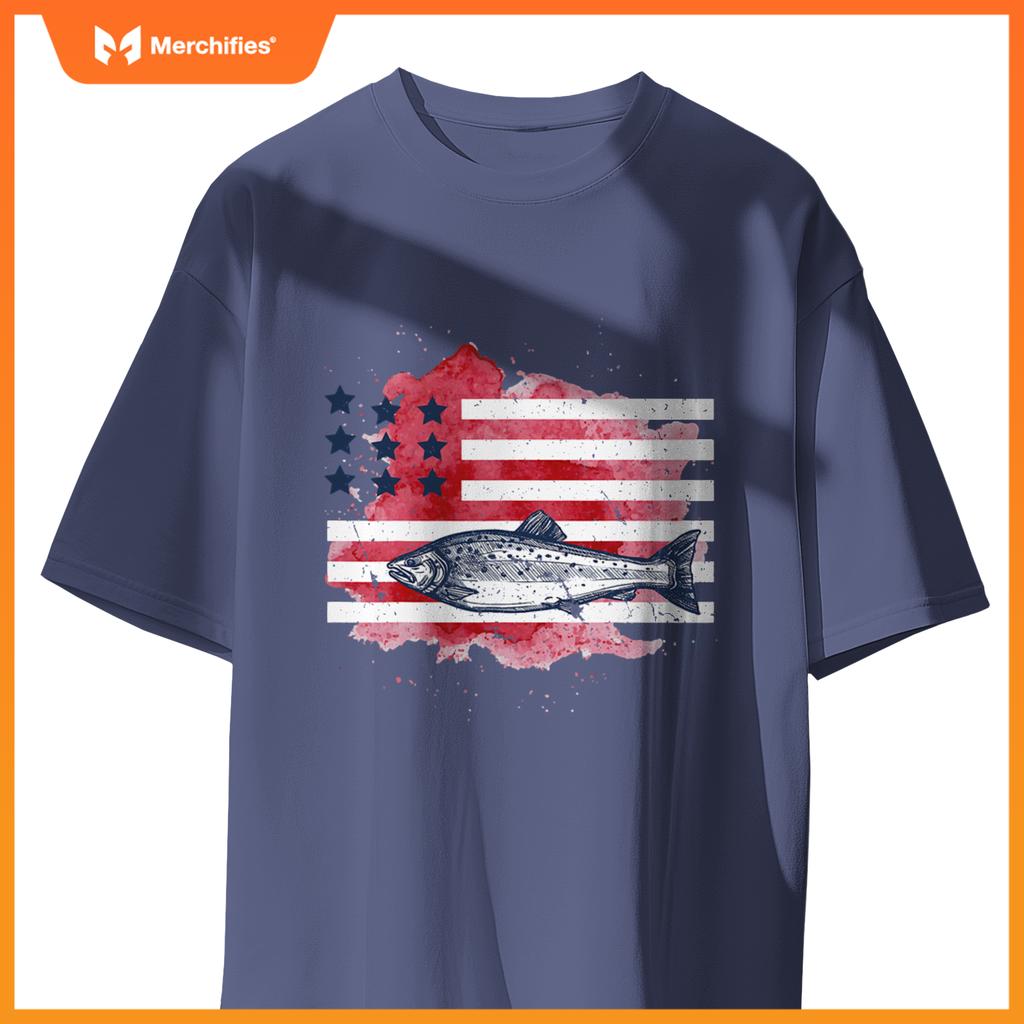 american flag fishing salmon  men patriotic fisherman T-Shirt