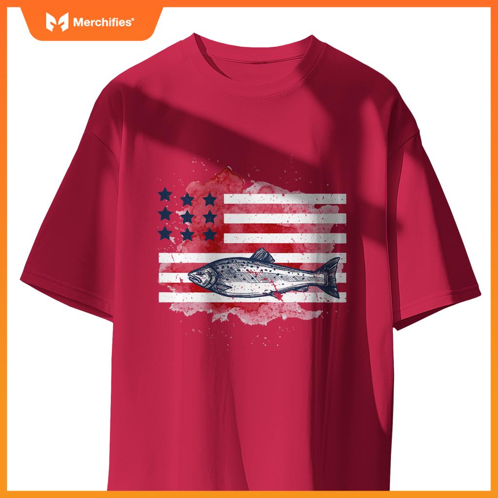 american flag fishing salmon  men patriotic fisherman T-Shirt