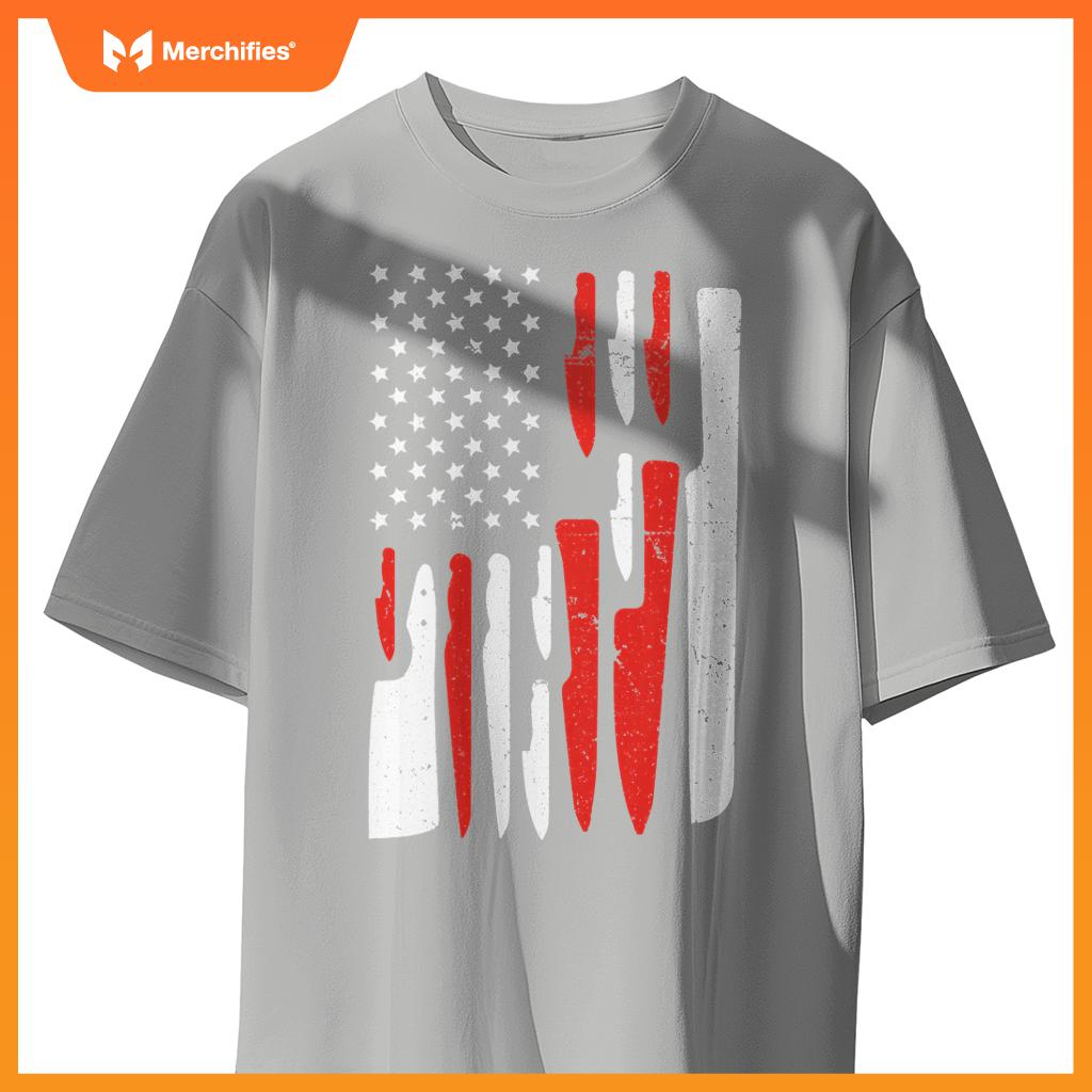 American Flag Sous Chef Knife Illustration Cook Life Print T-Shirt