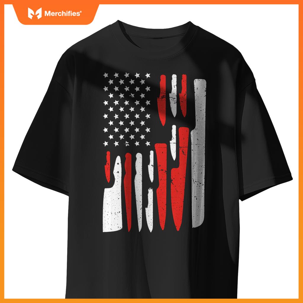 American Flag Sous Chef Knife Illustration Cook Life Print T-Shirt