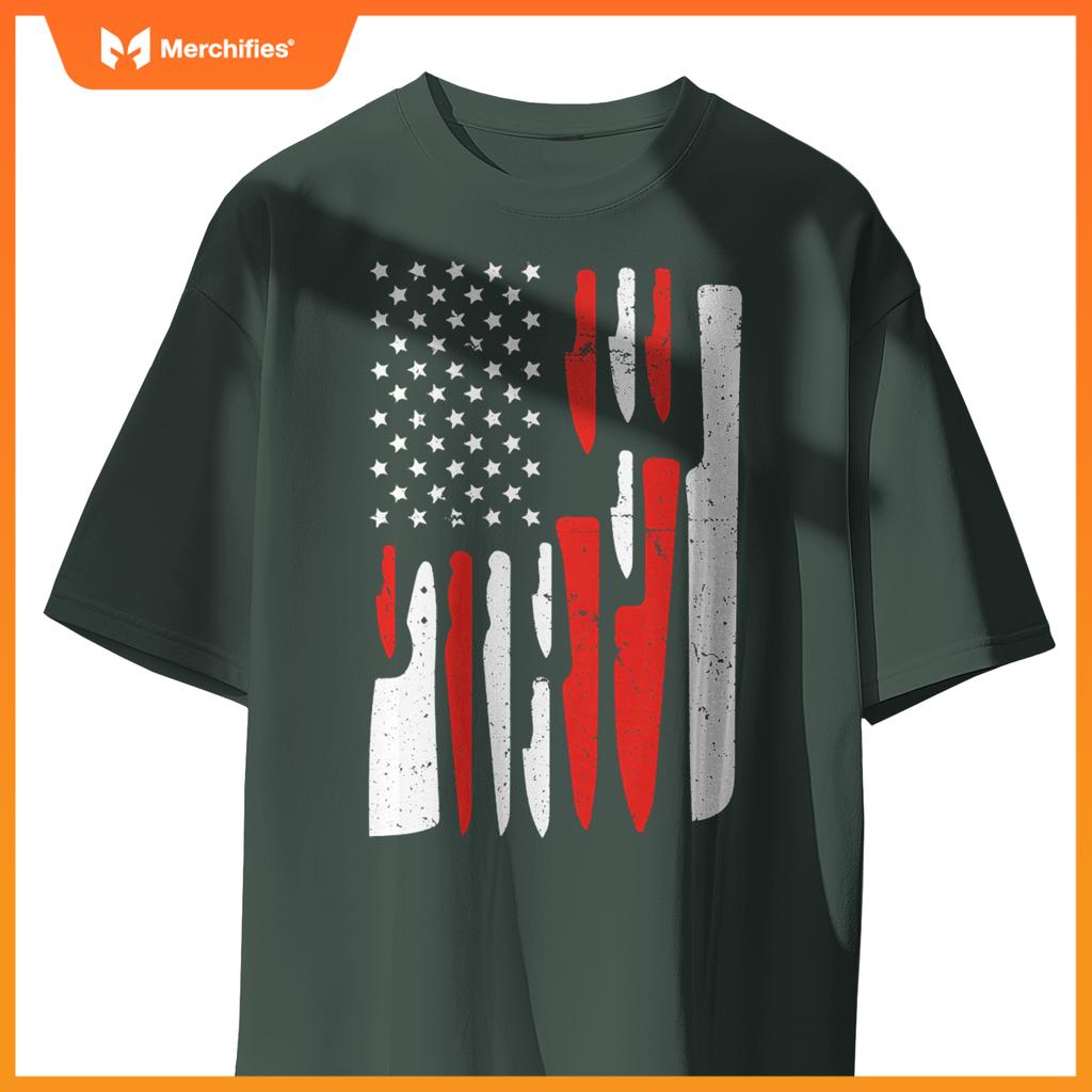 American Flag Sous Chef Knife Illustration Cook Life Print T-Shirt